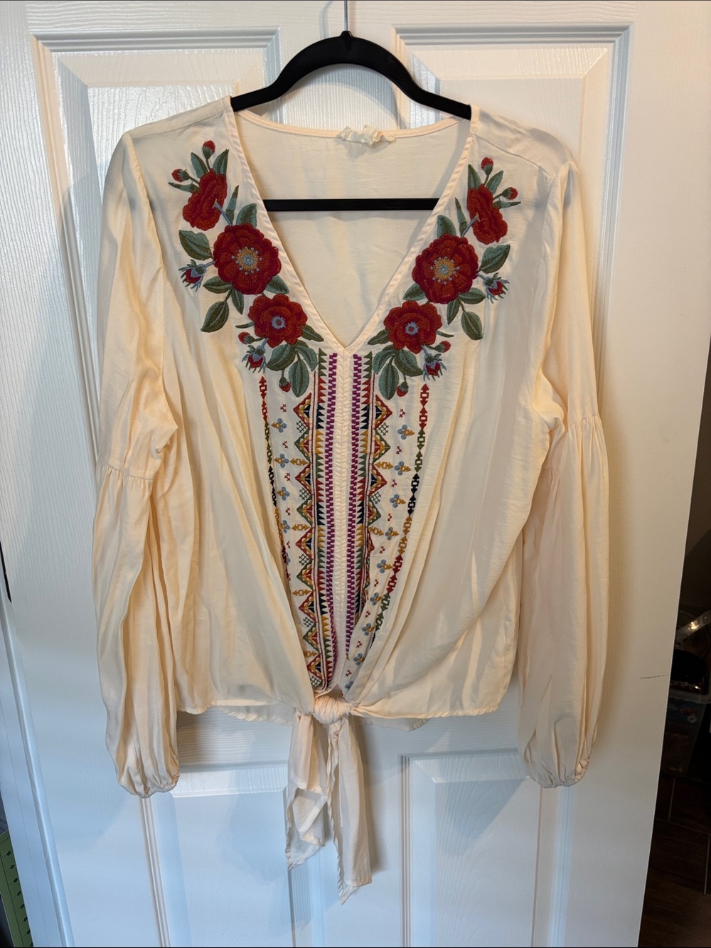 entro Cream Tie-Front Peasant Blouse with Red Floral Embroidery